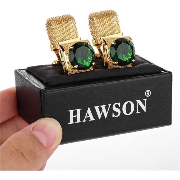 Mens Cufflinks with Chain - Stone and Shiny Gold Tone Shirt Accessories - Picture 6 of 7